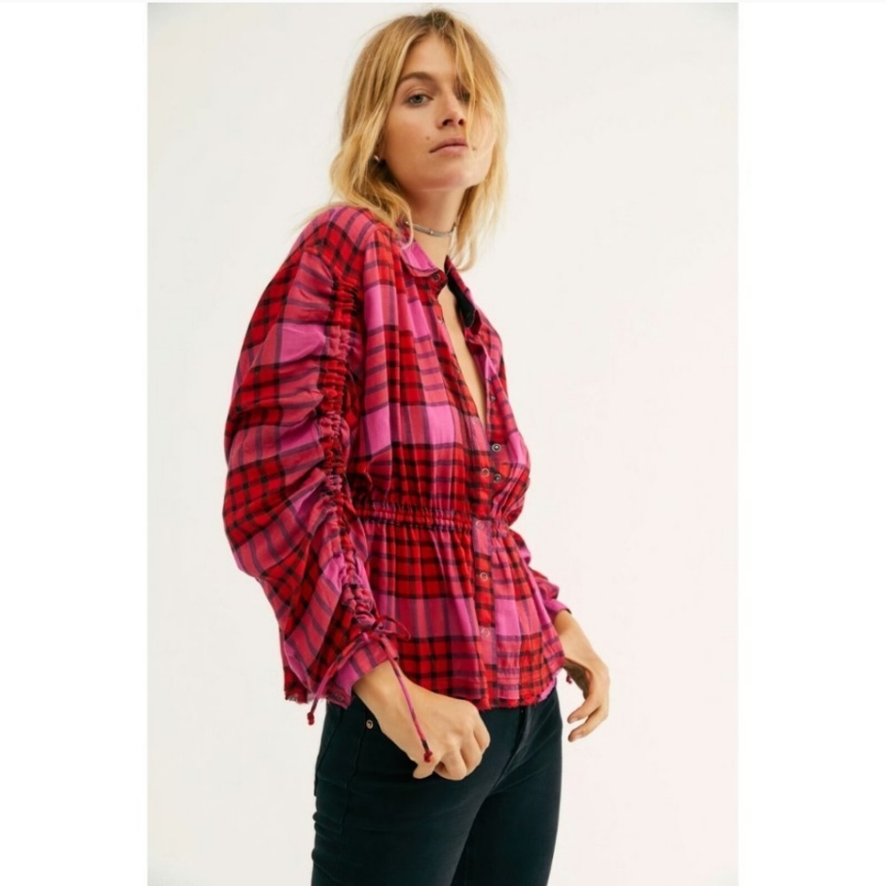 Free People Plaid Long Sleeve Shirt Pacific Dawn Red Pink Plaid Medium